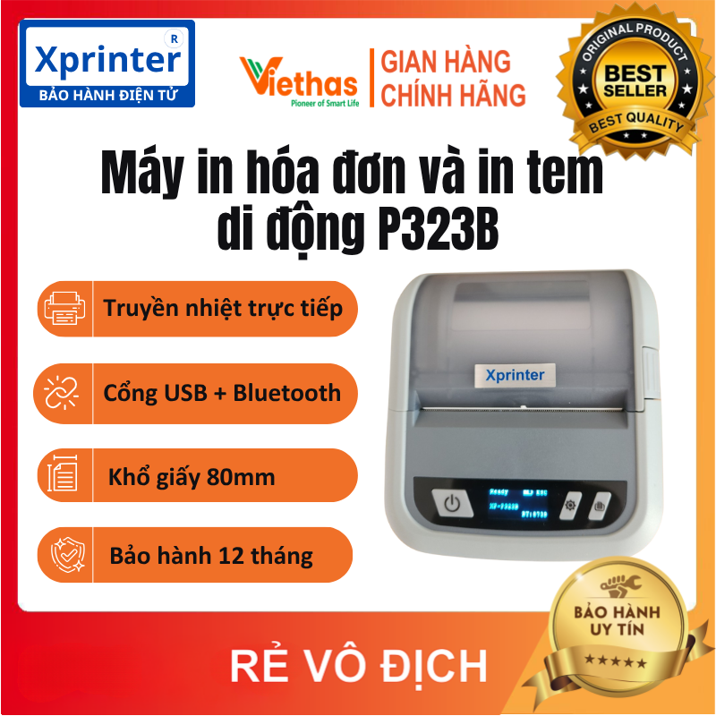 Máy in tem nhiệt mã vạch in bill cầm tay mini Xprinter XP-P323B / máy in hóa đơn K80 Kết nối USB + B