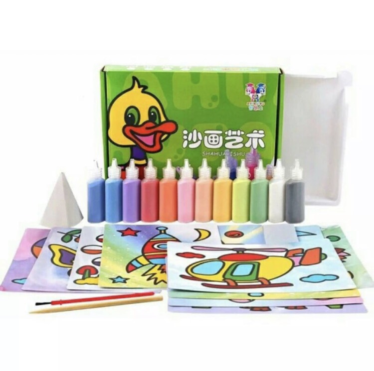 Hộp 24 tranh cát dày đẹp 20x15cm kèm 12 lọ cát tô tranh tiện lợi và 2 dụng cụ chơi tranh cát cho bé trai bé gái - Smart Baby