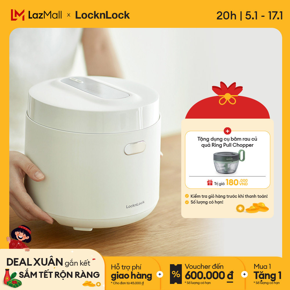 Nồi cơm điện Lock&Lock Bianco Smart rice cooker 1L Màu ngà EJR364IVY 3-4 người Cảm biến nhiệt giữ ấm