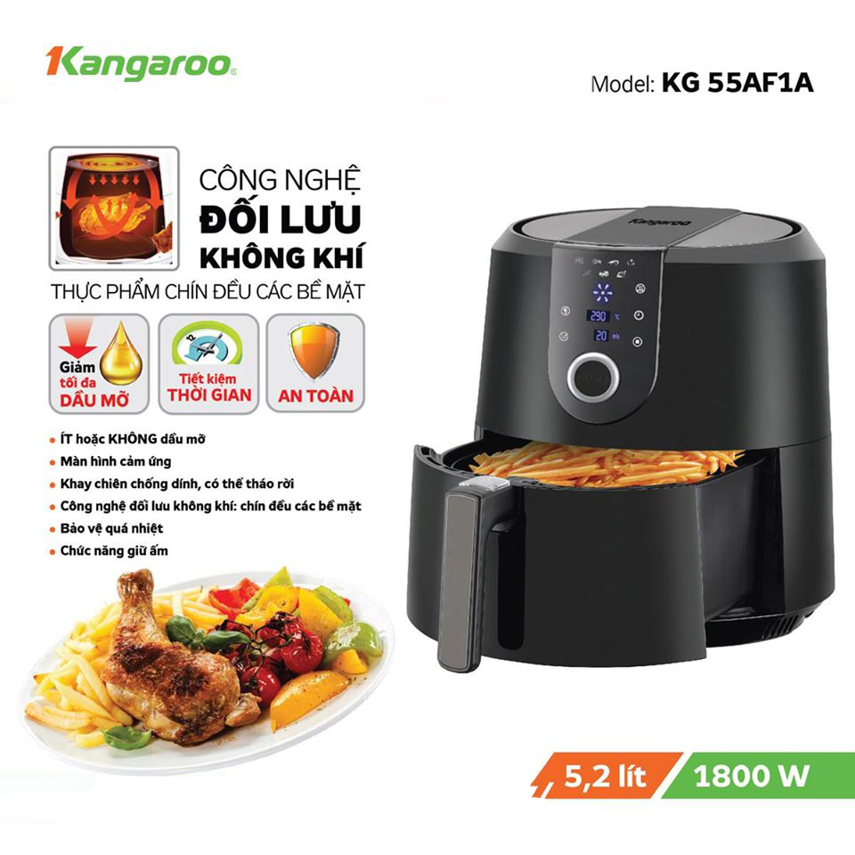 Nồi chiên không dầu Kangaroo KG55AF1A 5.2 lít Mới 100% Chức năng:Chiênnướng thực phẩm 7 chương trình