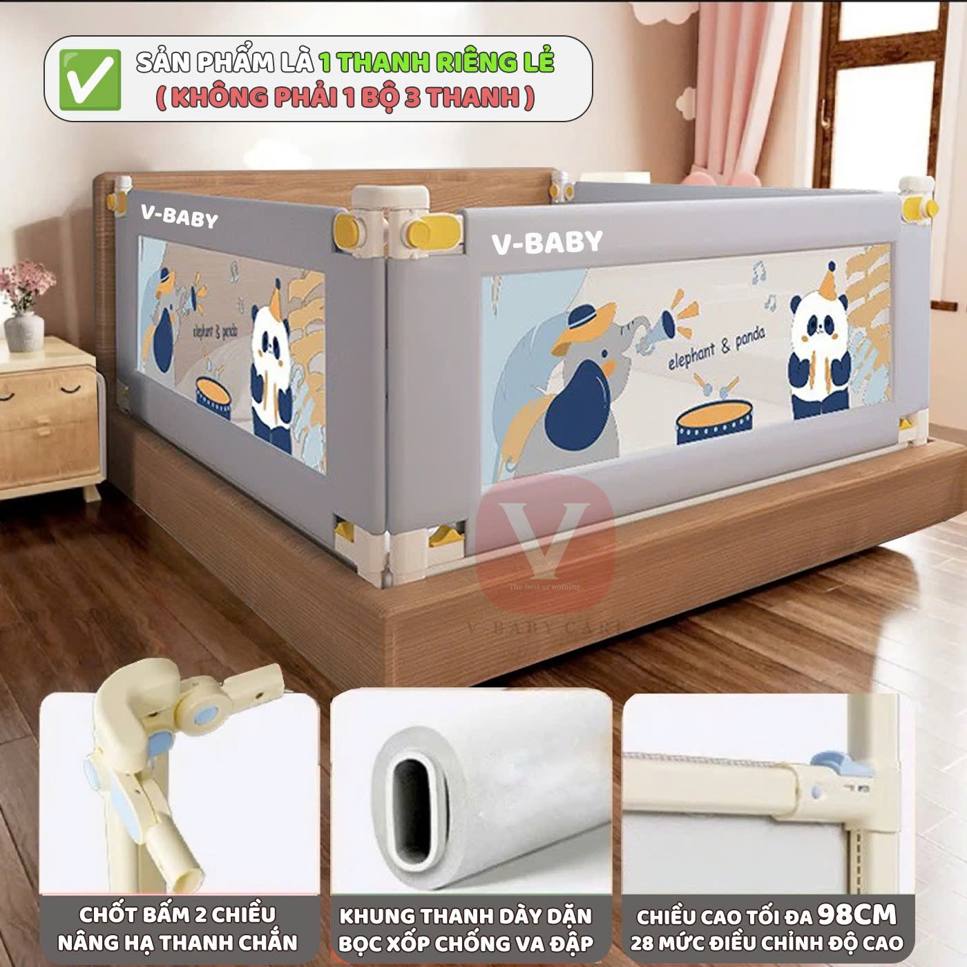 Thanh Chắn Giường Cho Bé V-BABY Nâng Hạ 1 Bên & Thanh Chắn Cao Cấp N2 (1 Thanh Chắn 1 Mặt)