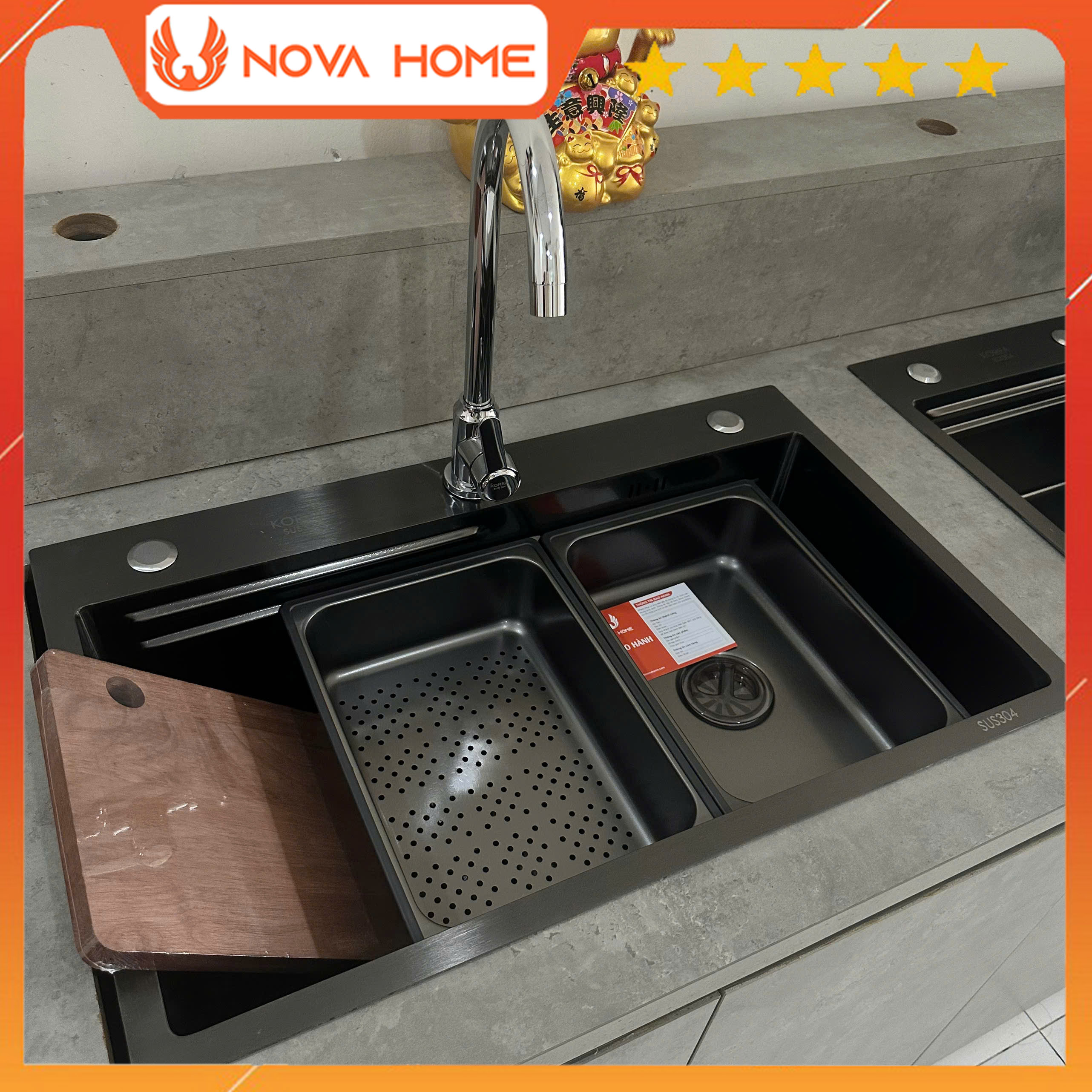 Chậu Rửa Bát 1 Hố Lớn Inox SUS304 Mạ Nano Có Vòi Rút Thác Nóng Lạnh Bồn Rửa Chén 1 Ngăn Lớn Có Vòi R