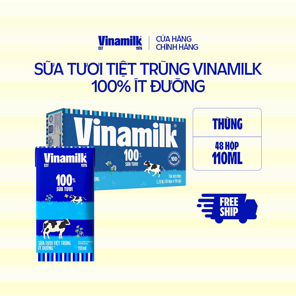 Thùng 48 sữa tươi tiệt trùng Vinamilk 100% ít đường 110ml