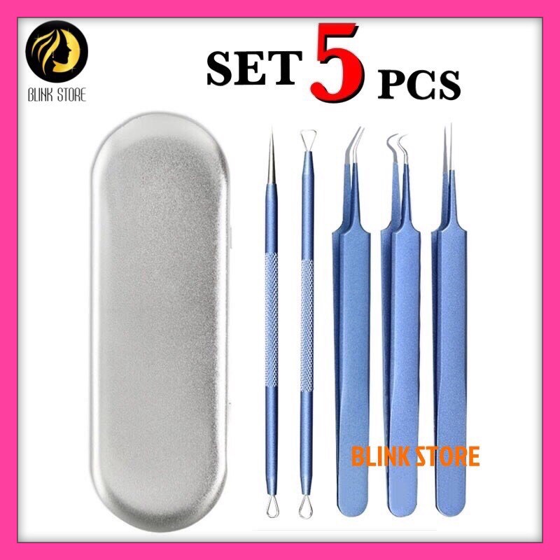 Bộ nhíp 5 món lấy nhân mụn thép không gỉ cao cấp có hộp đựng kim loại chắn chắn giúp bạn chăm sóc da an toàn dễ dàng không gây tổn thương cho da