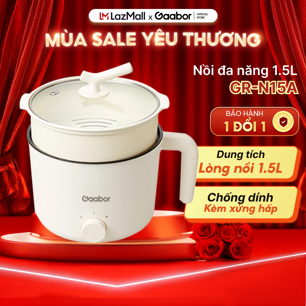 Nồi lẩu điện đa năng mini 1.5L Gaabor GR-N15A 600W nấu lẩu chiên xào rán kèm xửng hấp phủ nồi lớp ch