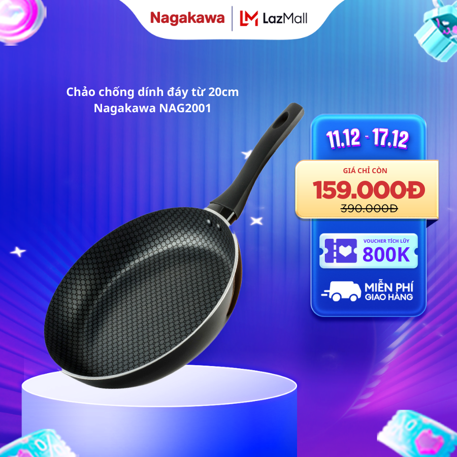 Chảo đáy từ Nagakawa 20cm NAG2001 phủ 5 lớp chống dính Teflon dùng cho mọi loại bếp tay cầm nhựa Bak