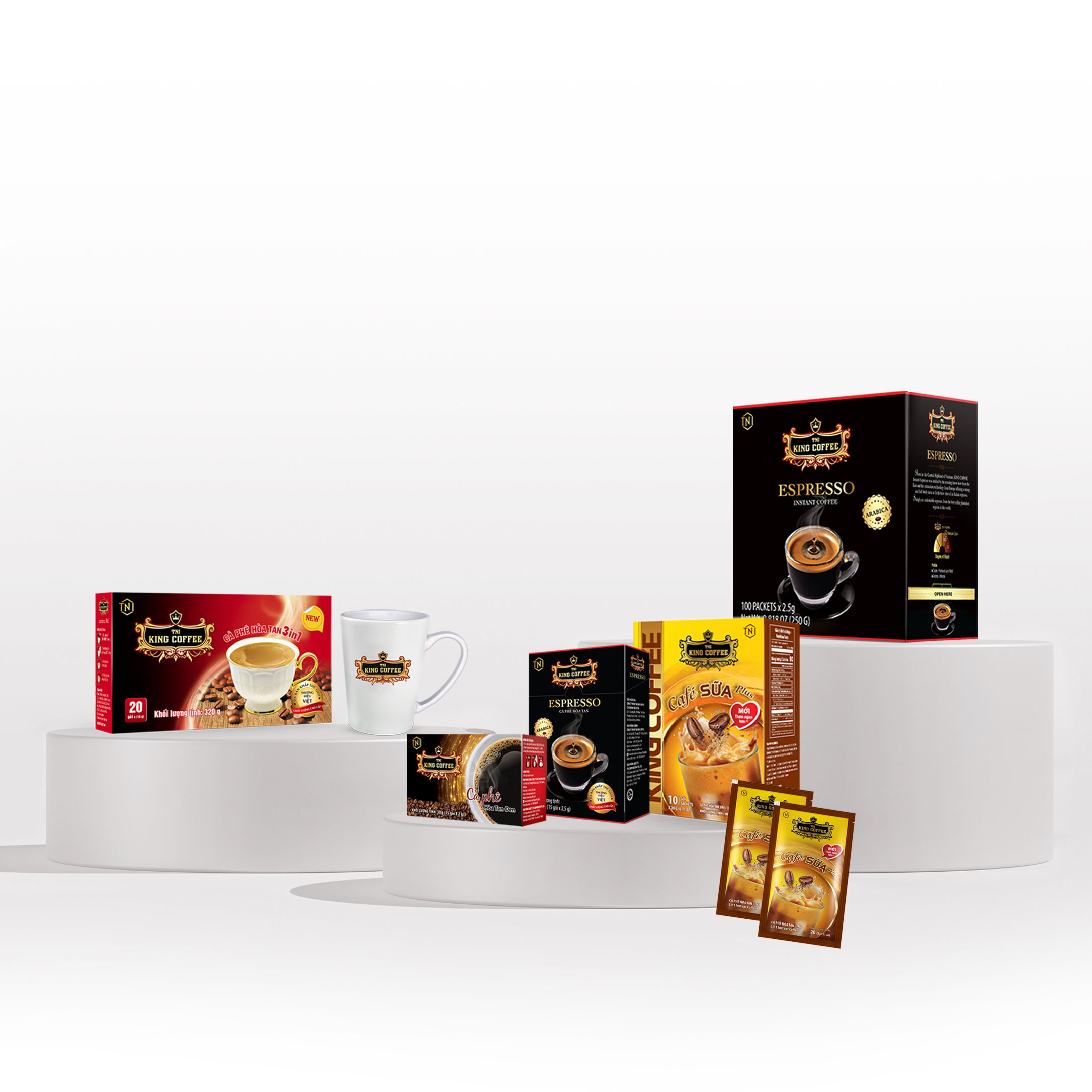 COMBO HÒA QUYỆN KING COFFEE - 4 loại cà phê hòa tan King Coffee và 1 ly sứ trắng King Coffee