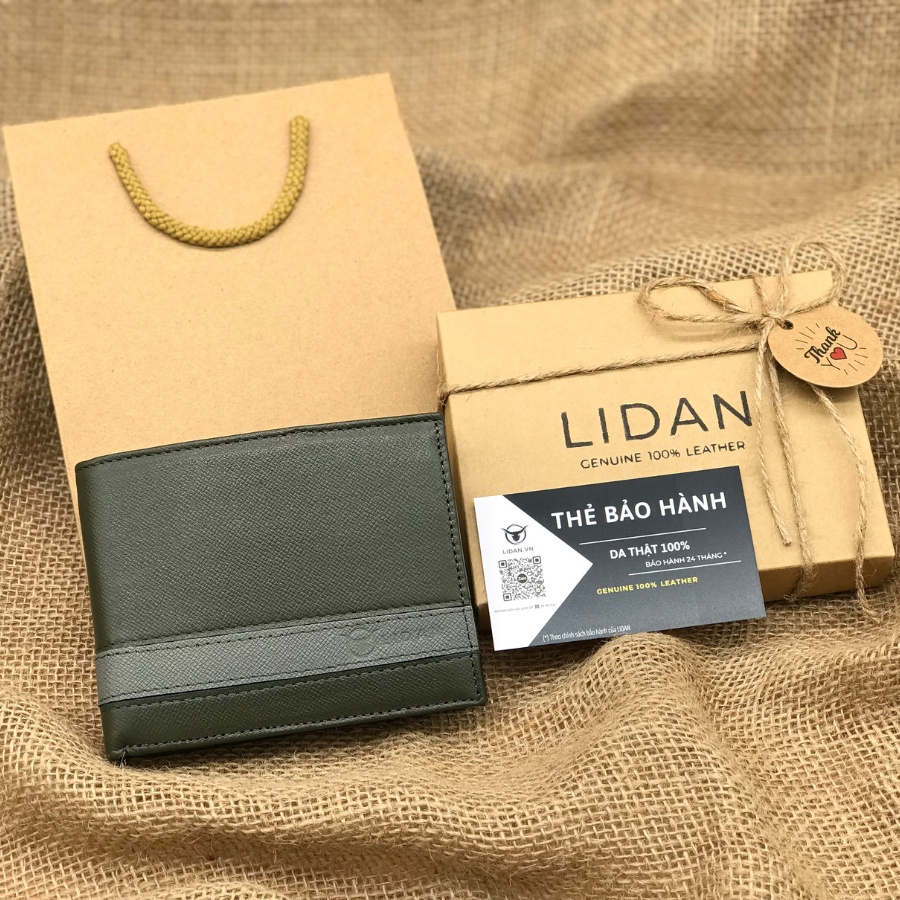 Ví nam da bò thật Taiga cao cấp LIDAN bóp dáng ngang có hộp vintage kèm thiệp đẹp làm quà tặng LD172