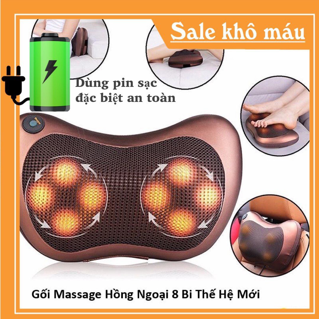(Dùng Pin Sạc) Gối Massage Hồng Ngoại 8 Bi Sử Dụng Pin Sạc Hỗ Trợ Thư Giãn Hiệu Quả