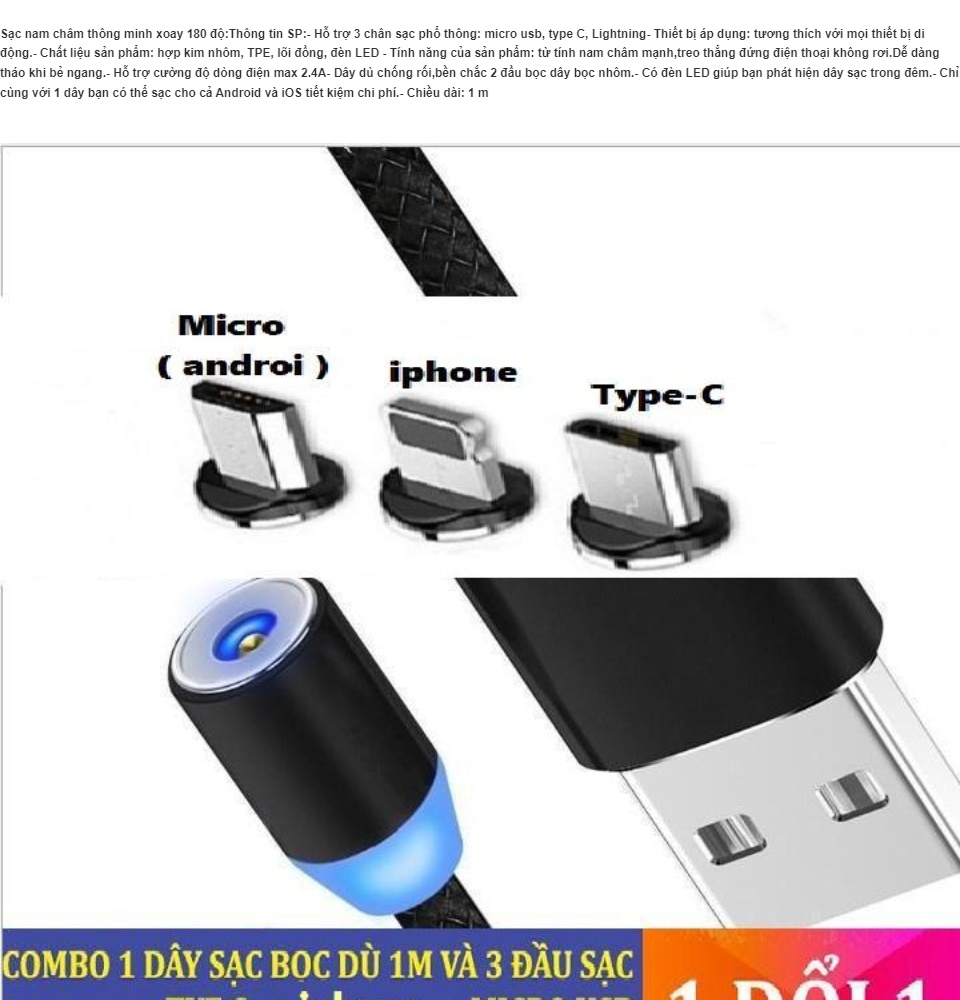 [ COMBO 1 DÂY+3 ĐẦU SẠC ] Cáp sạc từ hút nam châm Hàng Chính Hãng đầu Iphone- micro USB - Type C - Dây dù - xoay 360 độ có LED cao cấp