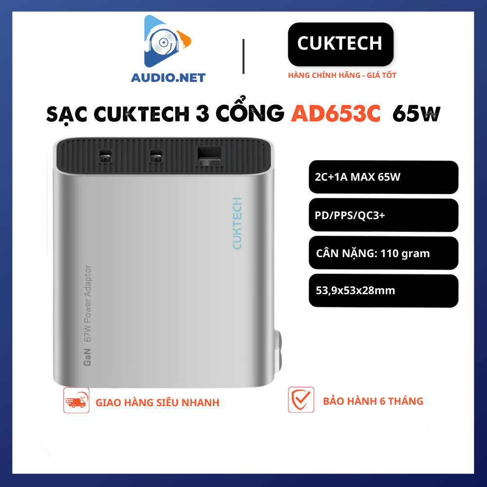 Củ sạc nhanh Cuktech 65W 65w AD653C  có 3 cổng hỗ trợ PD PPS QC3+ Bảo hành 6 tháng