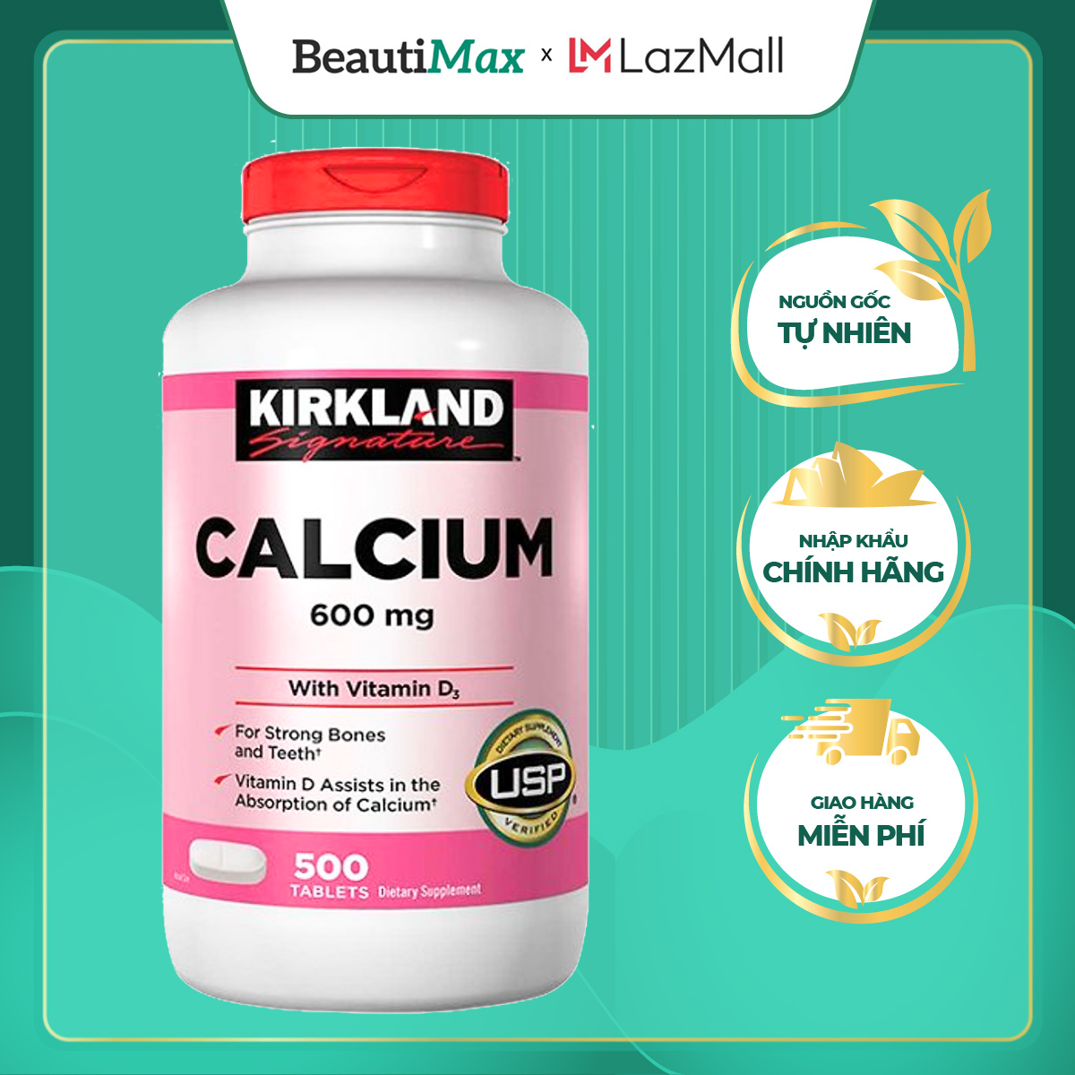Viên uống bổ sung Calcium 600mg with Vitamin D3 Kirkland Signature 500 viên - Beautimax
