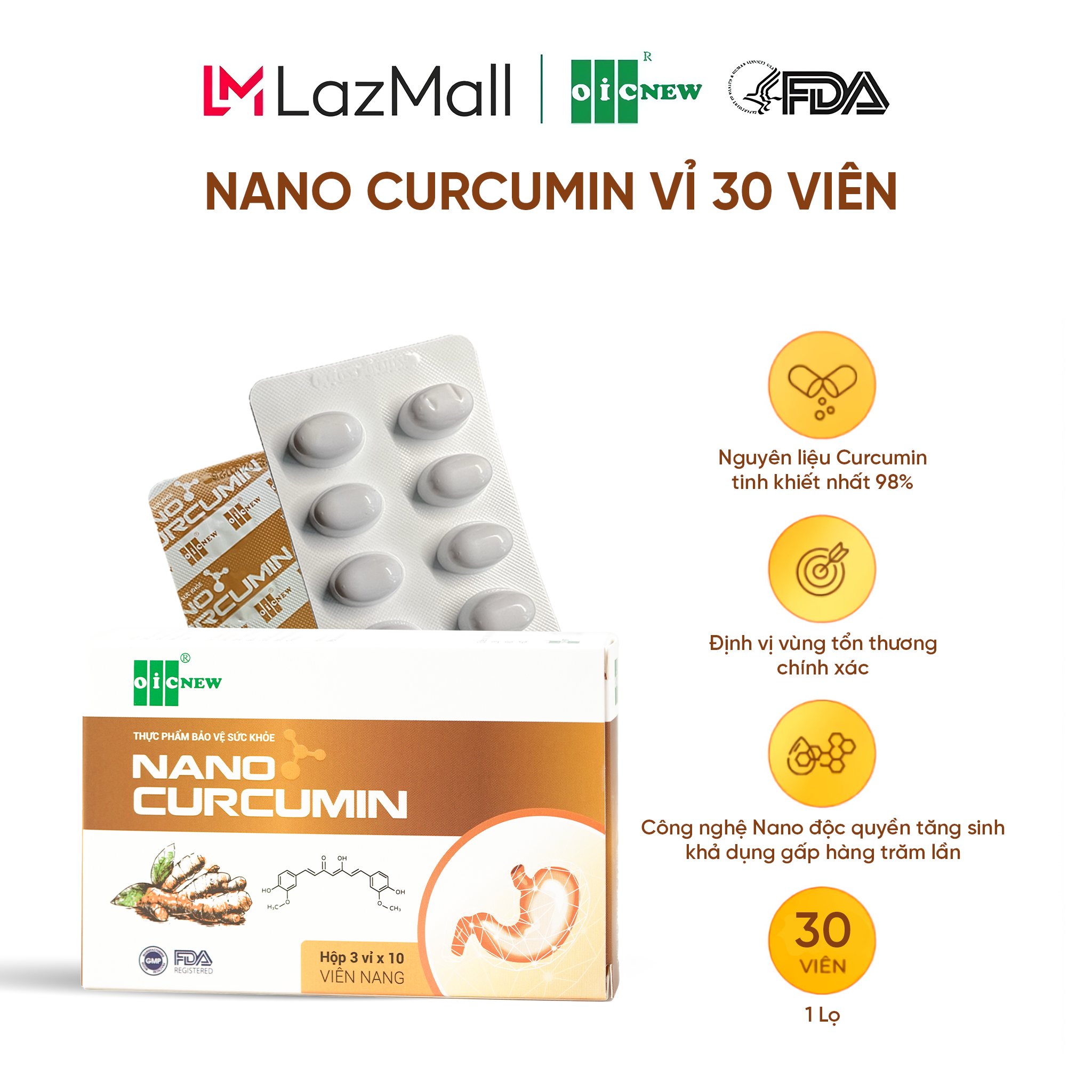 Viên uống tinh chất nghệ OIC New Nano Curcumin giảm đau dạ dày làm lành vết thương vỉ 30 viên