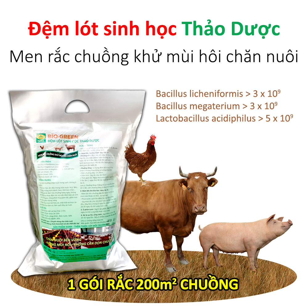 Đệm lót sinh học thảo dược cho Chăn nuôi. Men rắc chuồng khử mùi hôi chuồng trại