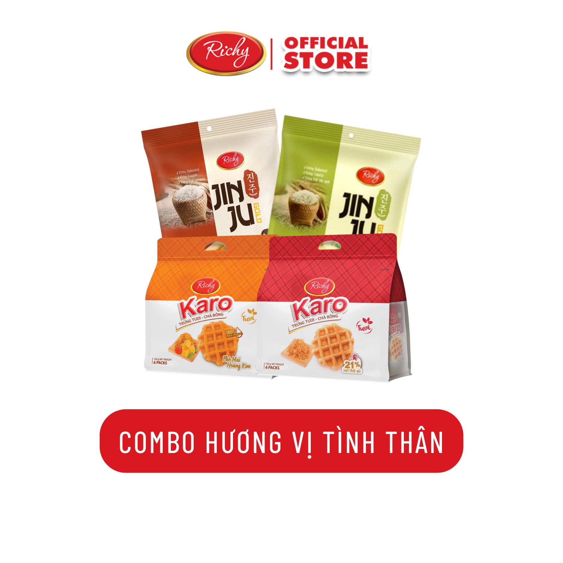 Combo HƯƠNG VỊ TÌNH THÂN: 2 gói Karo 2 vị 1 gói Jinju bò 1 gói Jinju Cốm - bánh kẹo Richy