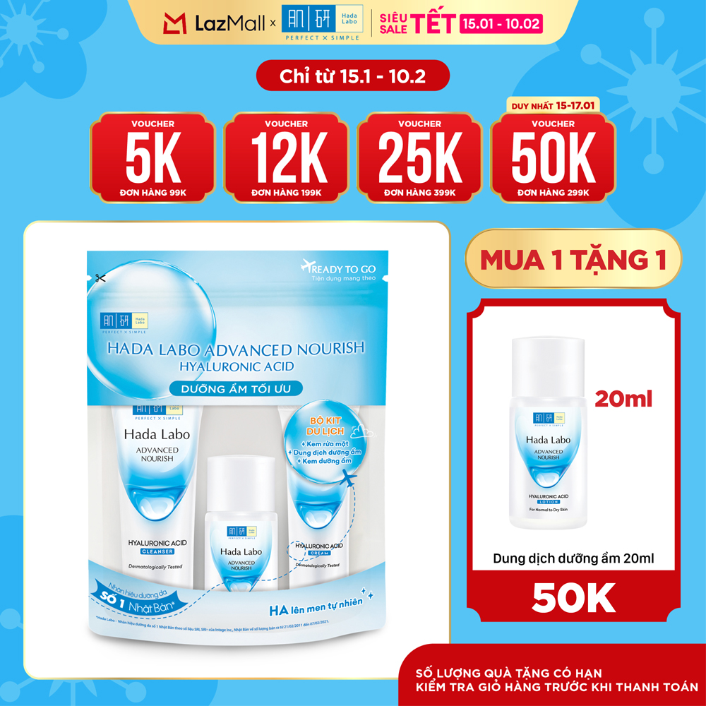 Bộ travel size dưỡng ẩm sâu Hada Labo Advanced Nourish Travel kit (Kem rửa mặt 15g + Dung dịch dưỡng