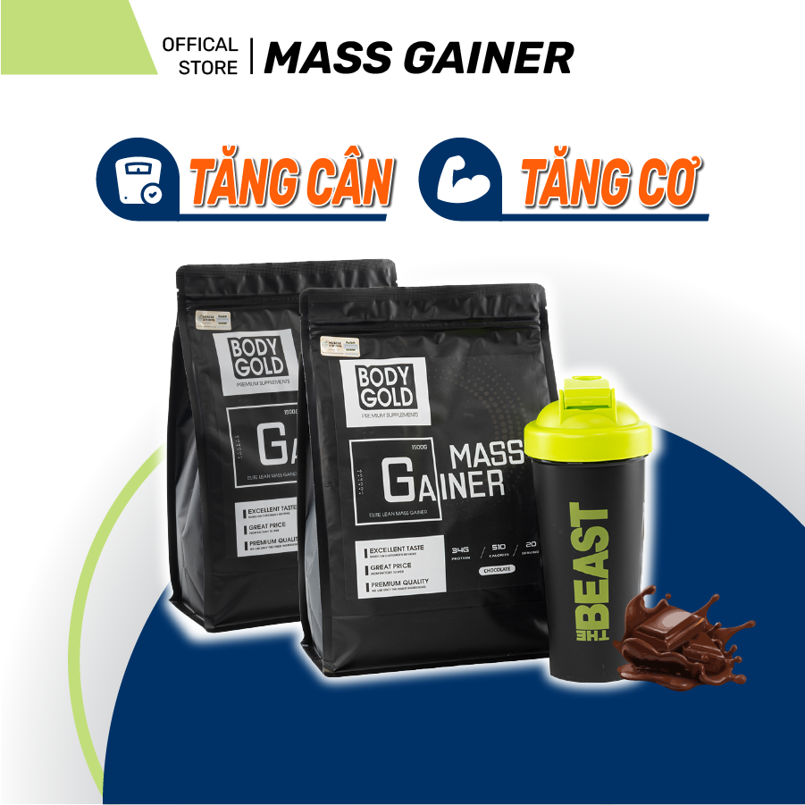 Combo 2 túi- Sữa Tăng Cân Tăng Cơ Body Gold Mass Gainer Túi 15 Kg + Bình Lắc