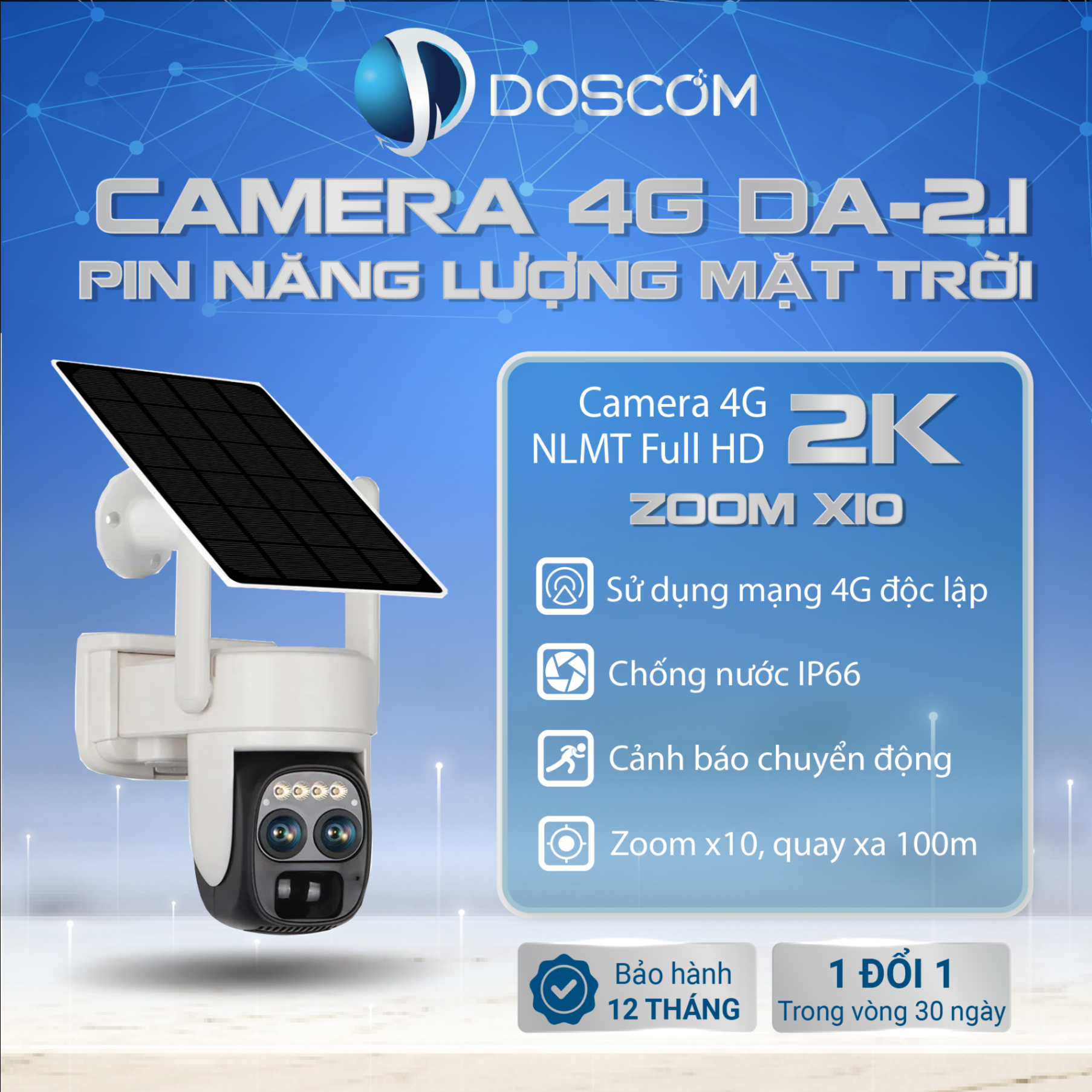 Camera 4G Mini Doscom DA-2.1 Sử Dụng Năng Lượng Mặt Trời Giám Sát An Ninh 360 độ Đàm Thoại 2 Chiều -