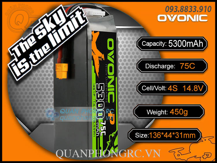 Pin Ovonic 5300mAh 4S 75C 14.8V XT60 Plug dành cho máy bay điều khiển