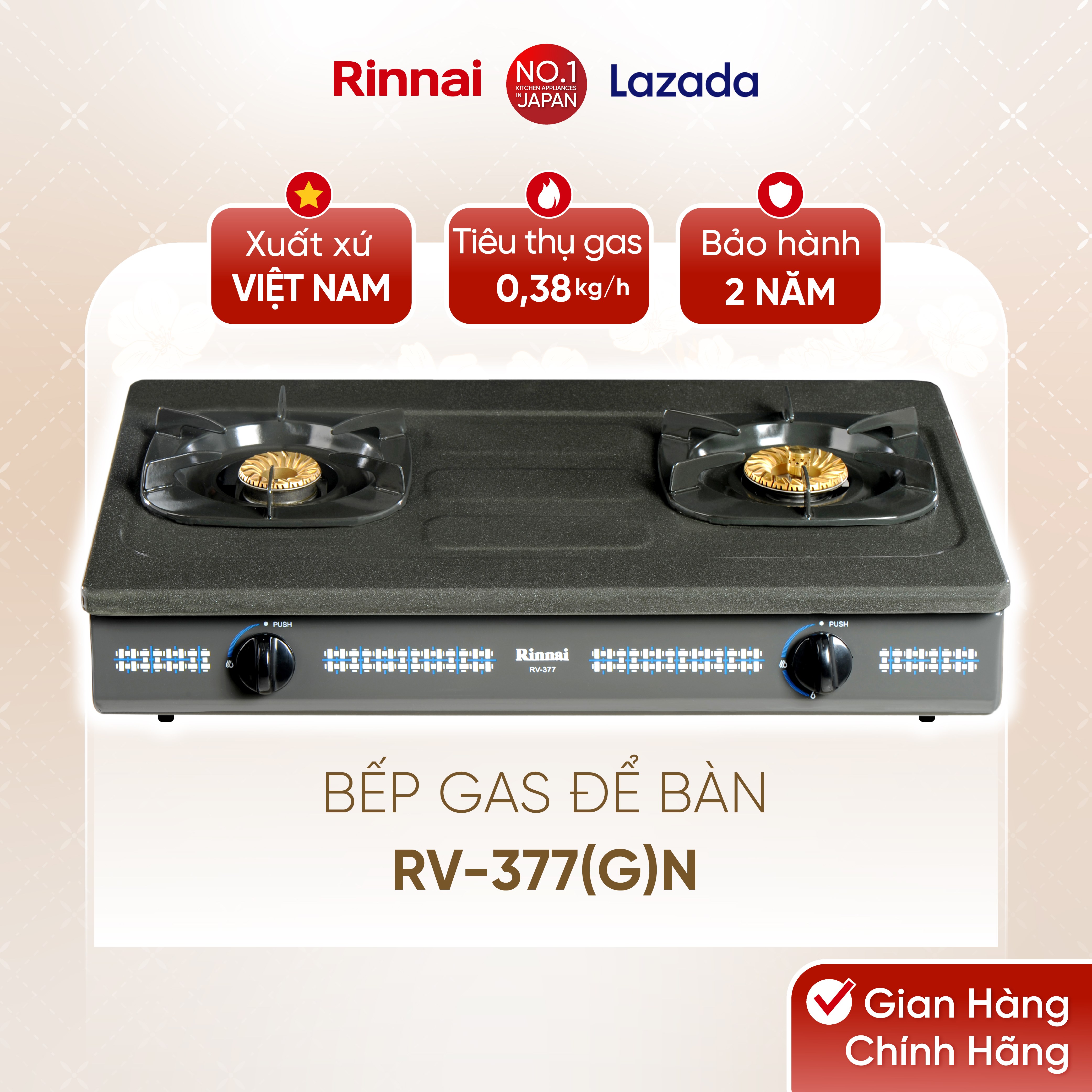 Bếp gas dương Rinnai RV-377(G)N mặt bếp men và kiềng bếp men - Hàng chính hãng.