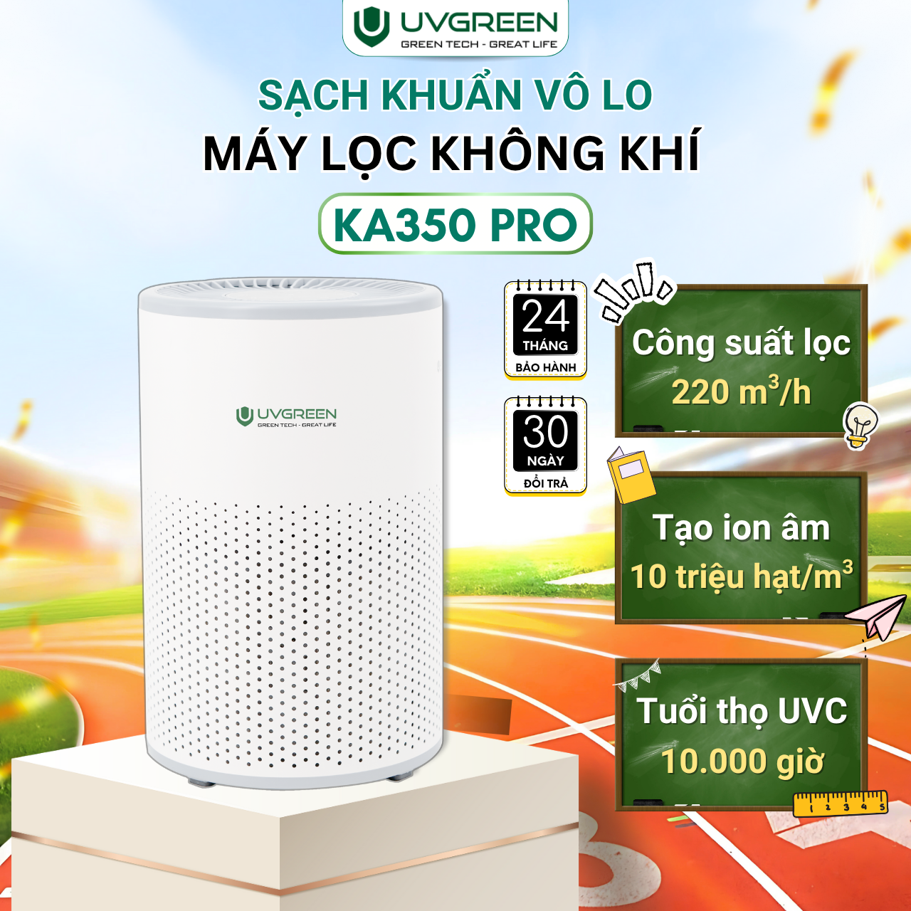Máy lọc không khí UVGREEN KA350 UVC LIGHT - Lõi lọc HEPA H13, Diệt khuẩn UVC LED, Kích thước 40m²