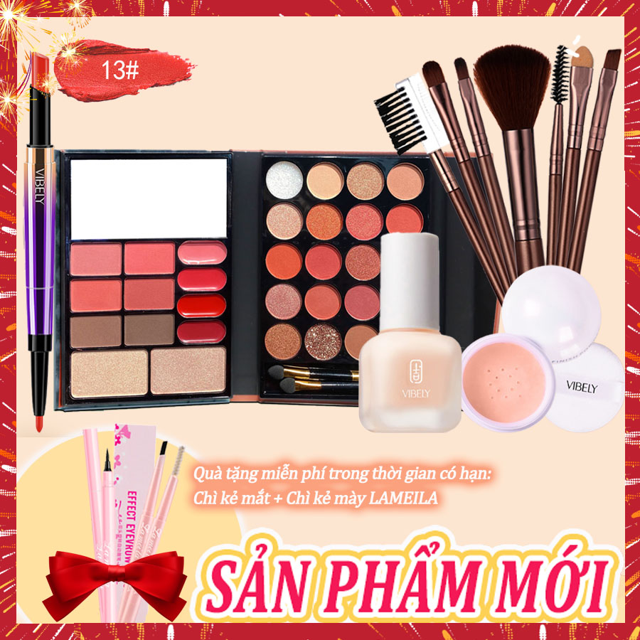 [HCM]VIBELY Bộ trang điểm cá nhân đầy đủ-5 mónSon môi chống thấm nước lâu trôi đa chức năng+Bảng phấn mắt 32 màu+Kem nền dạng lỏng+Phấn trang điểm bột+7 cọ trang điểm (Quà tặng miễn phí: LAMEILA chì kẻ mắt+mascara)