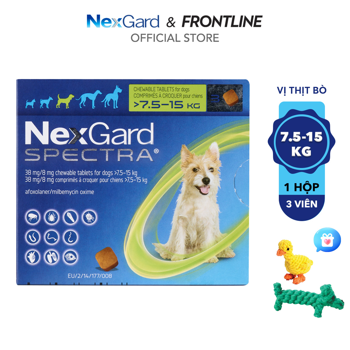 NexGard SPECTRA - Viên nhai phòng &amp; trị nội ngoại ký sinh (ve rận bọ chét ghẻ Demodex Sarcoptes giun) dành cho chó từ 2-60kg - 1 hộp 3 viên