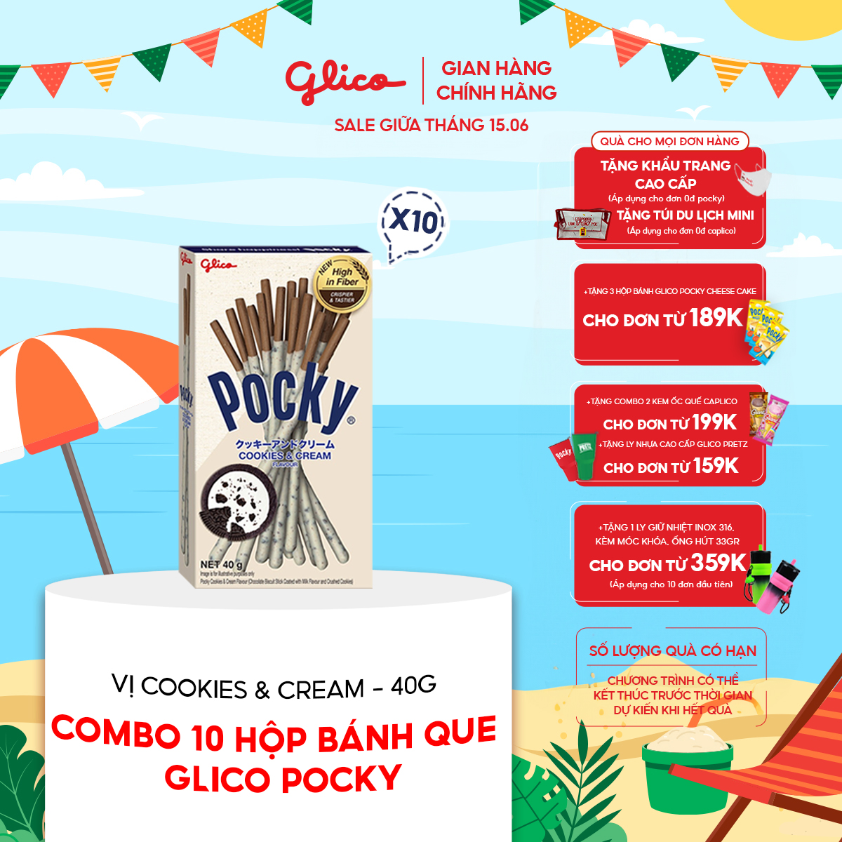 Combo 10 Hộp Bánh Que Glico Pocky Cookies &amp; Cream 40G