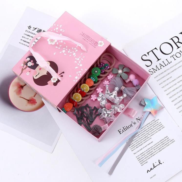 Set 26 Món Cột Tóc Có Kẹp Cho Bé Với Bộ Hộp Và Túi Quai Xách Xin Xắn Với Nhiều Hình Thù Thời Trang Chất Liệu An Toàn