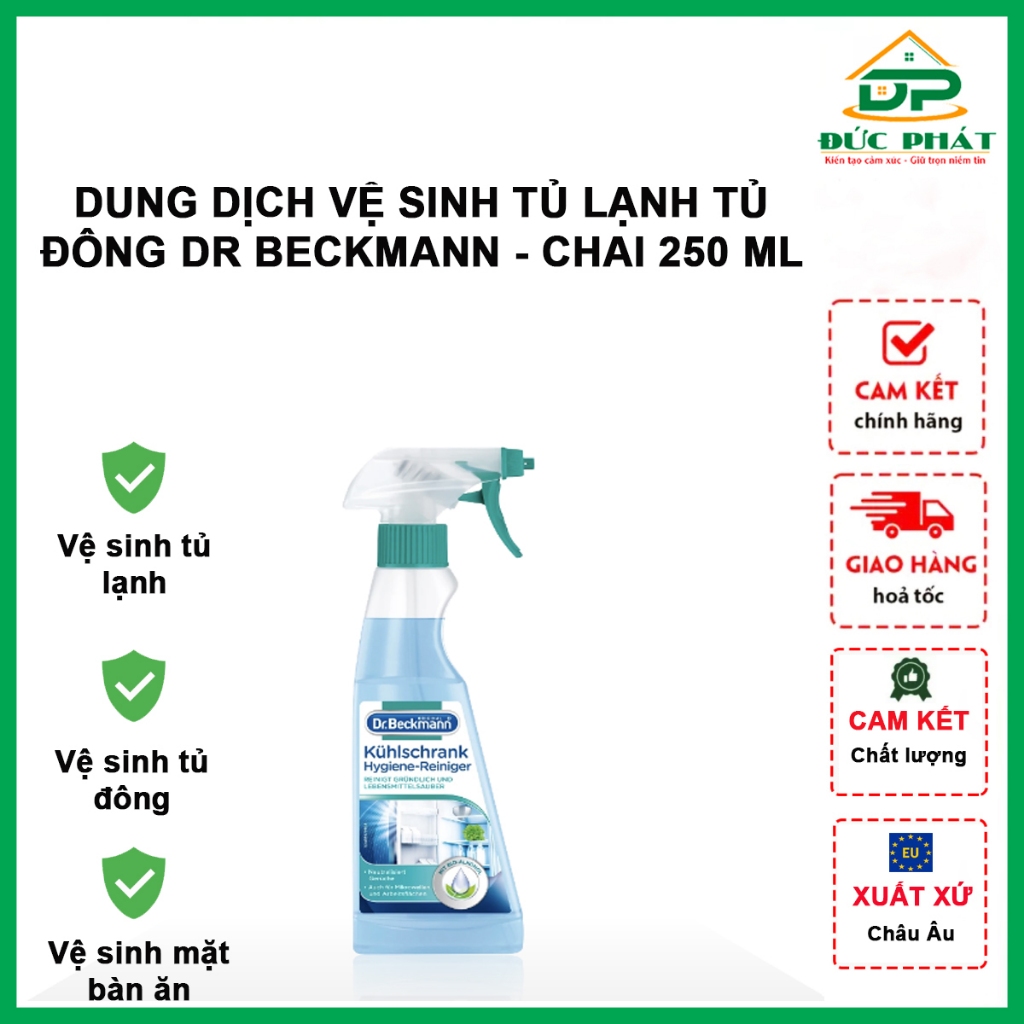 Dung Dịch Vệ Sinh Tủ Lạnh, tủ đông, bề mặt làm việc, bàn ăn Dr.Beckmann 250ml Công nghệ làm sạch cồn hữu cơ Bio-Alcohol