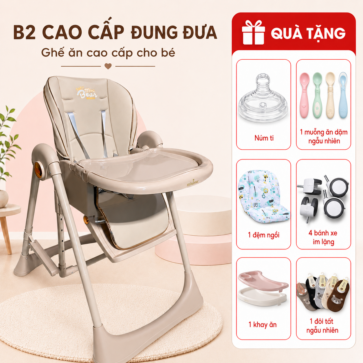 Ghế ăn xích đu B2 MiniBear 2in1 – Gấp gọn thông minh tập ngồi nằm linh hoạt khung chắc chắn đệm êm dễ lau chùi