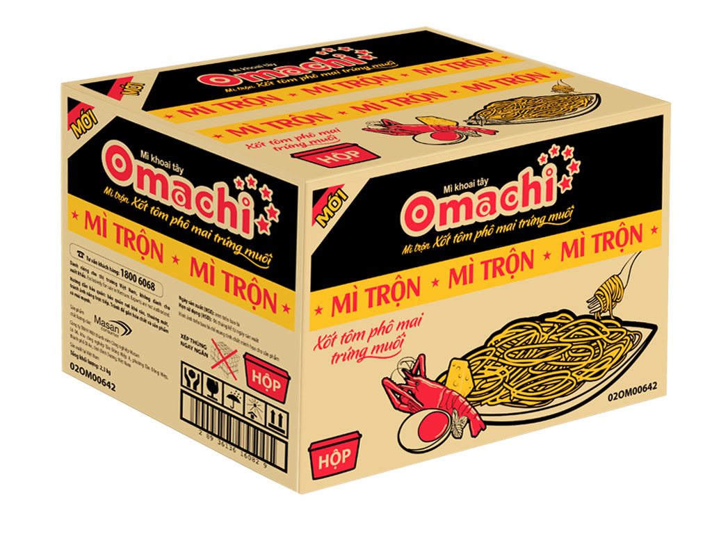 Thùng 12 hộp mì trộn Omachi xốt tôm phô mai trứng muối 105g