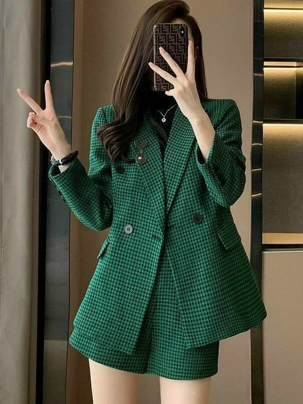 [Voucher 50k Freeship Max 0 đồng toàn quốc] Set công sở áo dạ caro dáng dài quần đùi set nữ dạ sang chảnh như hình set Hàn Quốc nữ thanh lịch