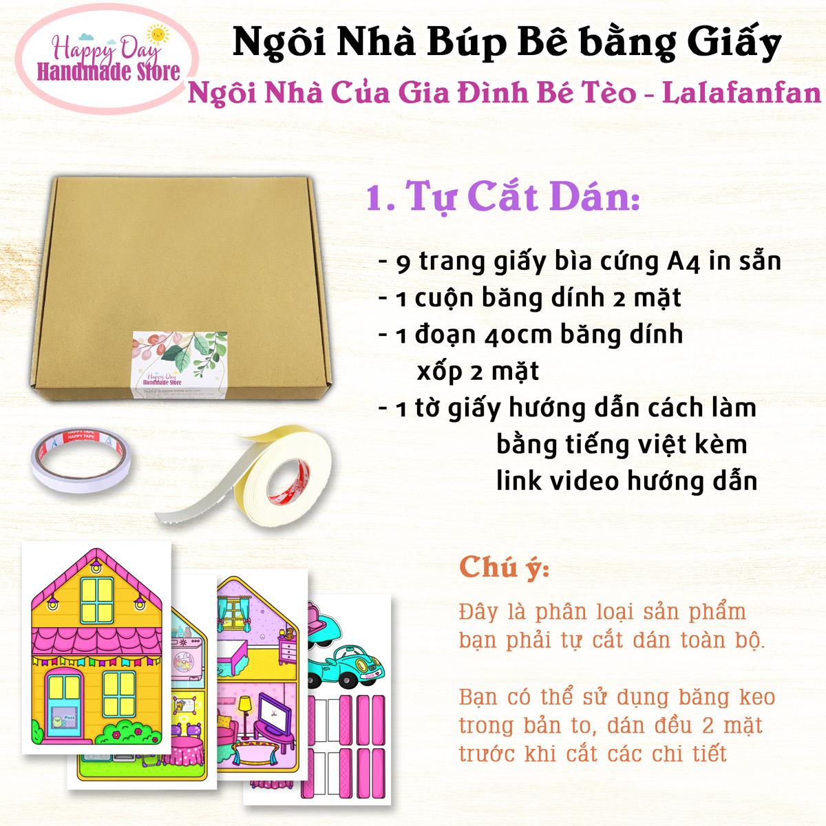Nhà Búp Bê Bằng Giấy chủ đề Ngôi Nhà của gia đình bé Tèo - DIY Tự Làm cùng Con - 1 Bộ Búp Bê Bóc Dán