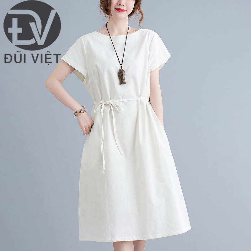 Đầm linen nữ dáng suông màu trắng ngắn tay kèm dây thắt eo Đũi Việt