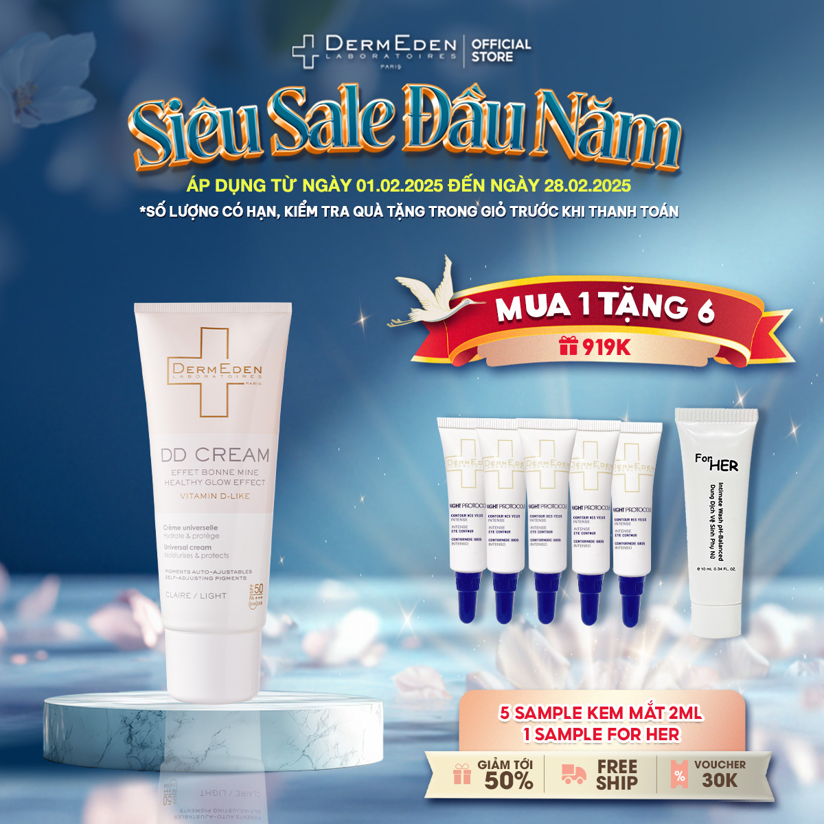 Kem chống nắng SPF50 PA+++ kết hợp trang điểm và dưỡng da làm đều màu da chống lão hóa DermEden DD C