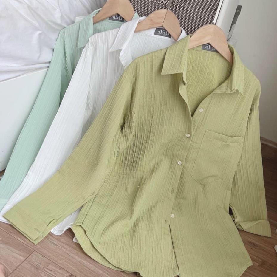 Áo sơ mi nữ dài tay chất liệu đũi gân nhẹ mát form rộng kiểu dáng thời trang phong cách Hàn Quốc nhi