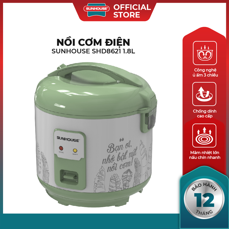 Nồi cơm điện nắp gài SUNHOUSE SHD8621- Dung tích 1.8L - Công suất 700W - Thích hợp gia đình từ 4 - 6