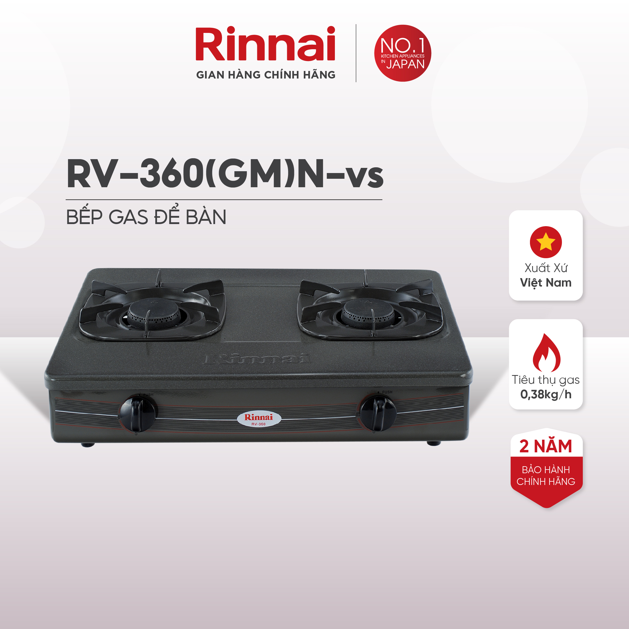Bếp gas dương Rinnai RV-360(GM)N mặt bếp men và kiềng bếp men - Hàng chính hãng.