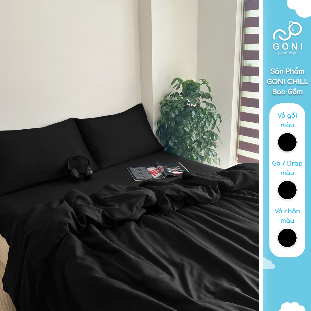 Bộ chăn mền ga gối GONI CHILL màu Đen Trơn - Ga drap giường bo chun cao 4-25cm kích thước 1m 1m2 1m4