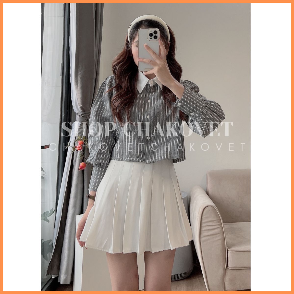 Áo Sơ Mi Kẻ Sọc Dáng Ngắn Tiểu Thư Hàn Quốc Sơ Mi Dáng Croptop Tay Phồng 1 Túi Phối Cổ Trắng Cực Sàn
