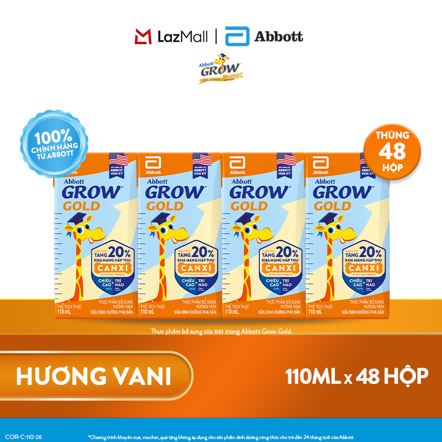Thùng 48 hộp thực phẩm bổ sung sữa tiệt trùng pha sẵn Abbott Grow Gold hương Vani 180ml cho trẻ từ 1 tuổi (bao bì thay đổi theo từng đợt nhập hàng)