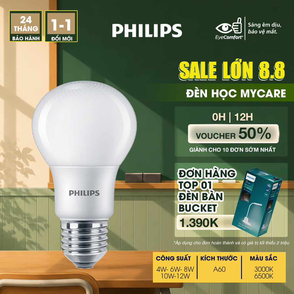 Bóng đèn Philips LED Bulb bảo vệ mắt Mycare Công suất (4W6W8W10W12W) (01 bóng)