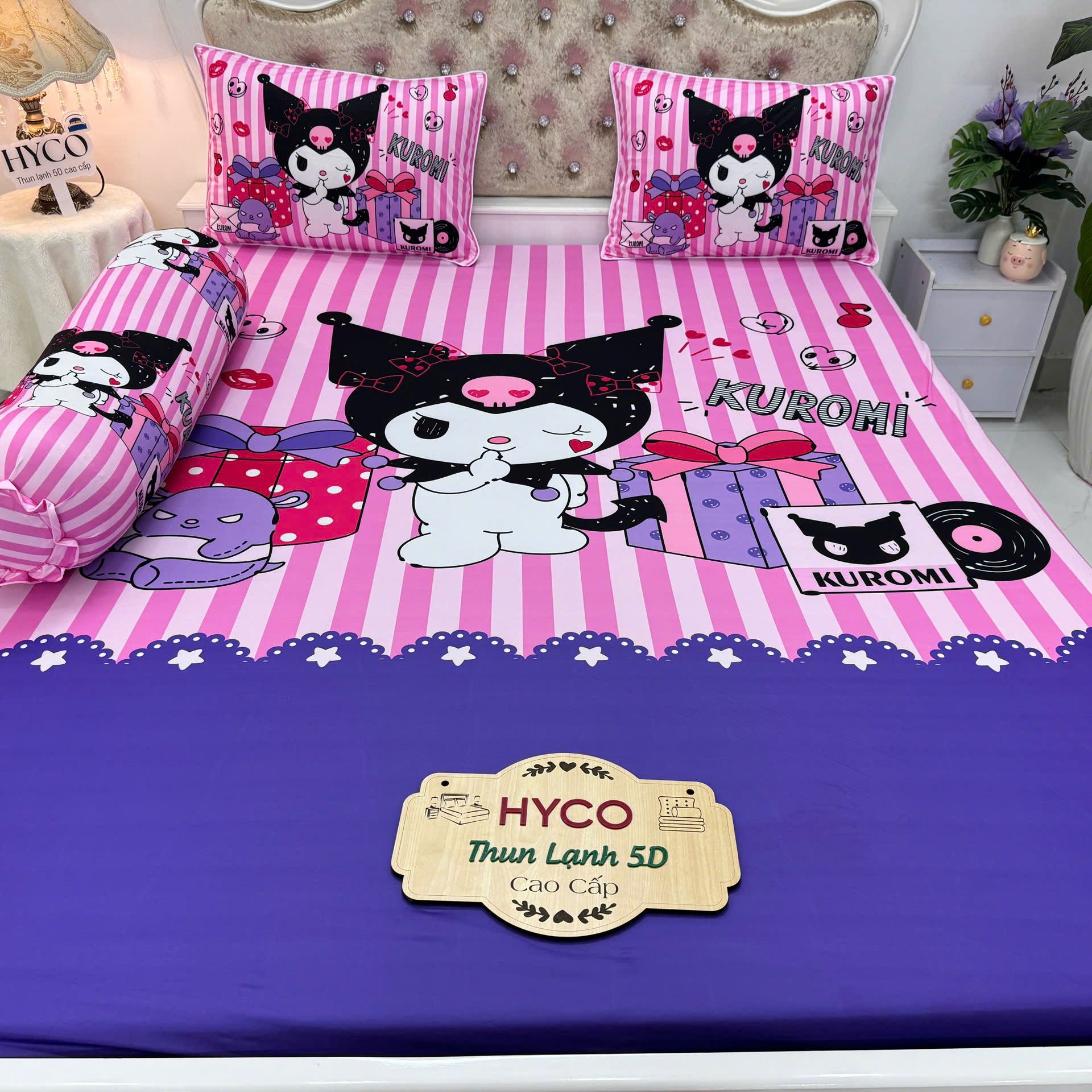 Mẫu Koromi - Bộ ga gối thun lạnh Hyco 5D ôm khóa kéo