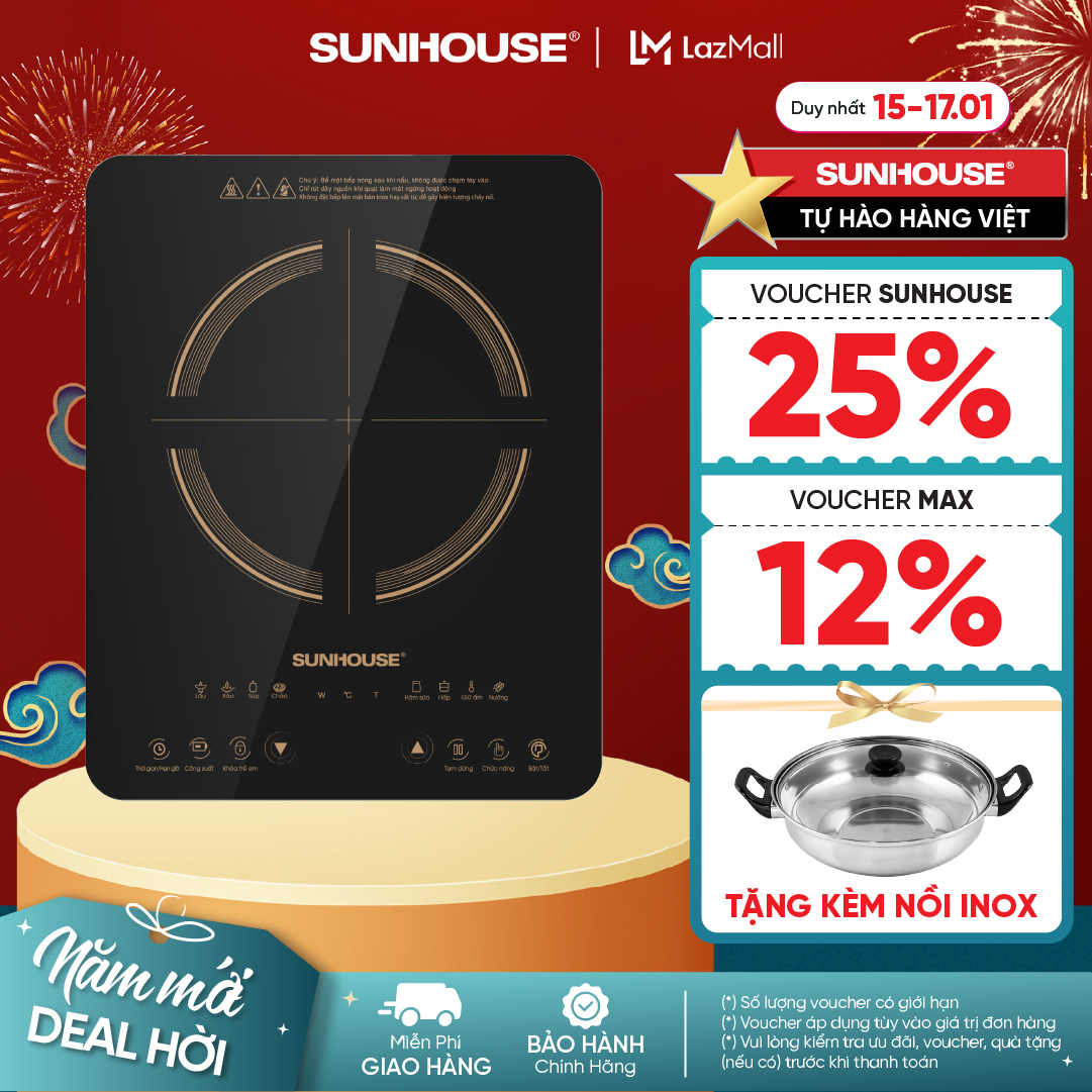 [TẶNG KÈM NỒI INOX] Bếp điện từ SUNHOUSE cảm ứng SHD6803 - Công suất 2000W - Kính cường lực siêu bền