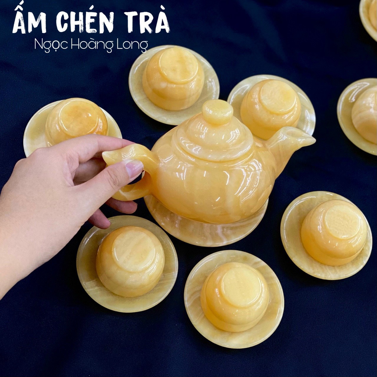 Bộ ấm chén  ấm trà đá ngọc hoàng long & đá ngọc Onyx tu nhien có kiểm định