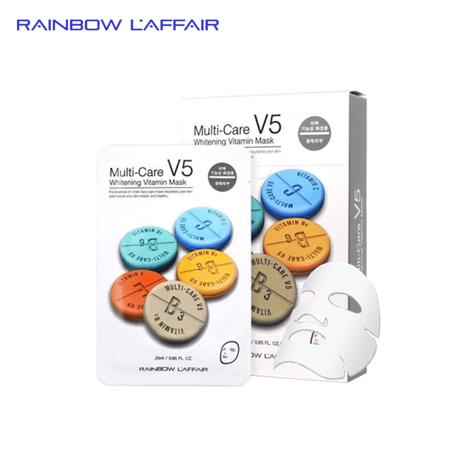 [Hcm][Tặng Sữa Rửa Mặt 150Ml] Hộp 10 Mặt Nạ Dưỡng Trắng - Trẻ Hóa Da Rainbow Laffair Multi - Care V5 Whitening Vitamin 250Ml