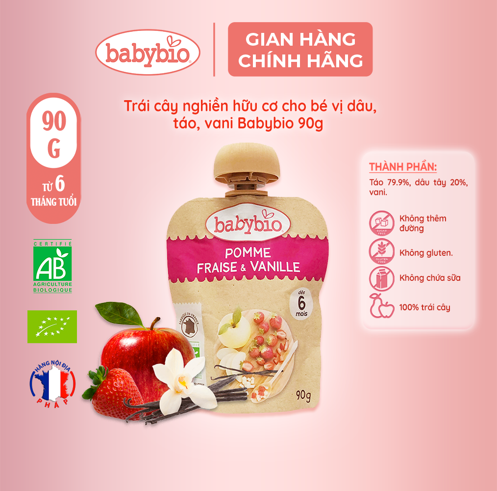 Trái cây nghiền hữu cơ cho bé Babybio 90g (từ 6 tháng tuổi)