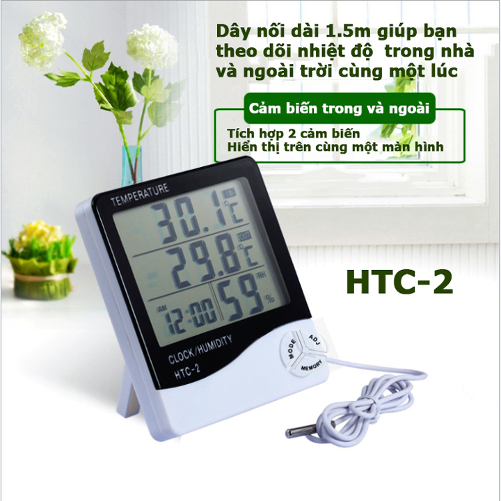 Nhiệt Ẩm Kế Kiêm Đồng Hồ Báo Thức Cảm Biến Nhiệt Độ Và Độ Ẩm Htc - 2 Với 2 Cảm Biến Trong Và Ngoài