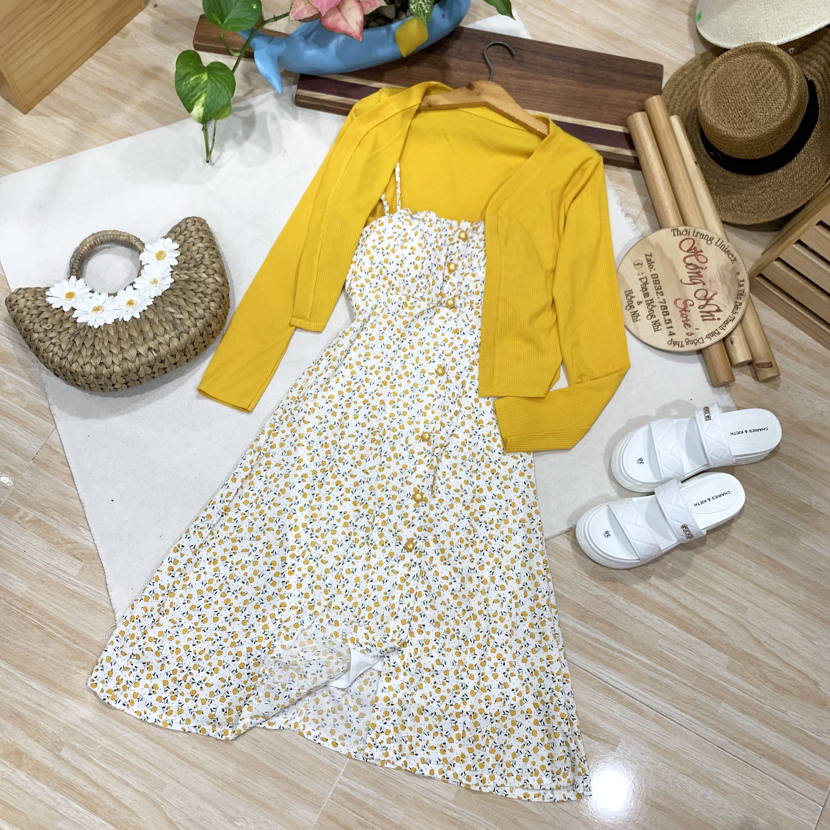 Set Đầm Váy Hoa 2 Dây Kèm Áo Khoác Thun Lửng Cardigan Ulzzang